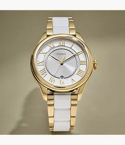 Gilmore 38mm Three-Hand Date Gold-Tone and White Ceramic Watch