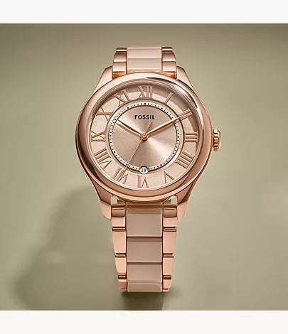 Gilmore 38mm Three-Hand Date Rose Gold-Tone and Brown Ceramic Watch
