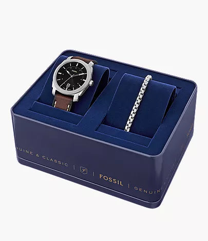 Machine 42mm Three-Hand Date Brown Leather Watch and Bracelet Set
