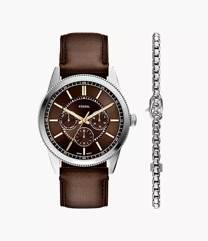 Multifunction Brown Leather Watch and Bracelet Gift Set