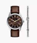 Multifunction Brown Leather Watch and Bracelet Gift Set