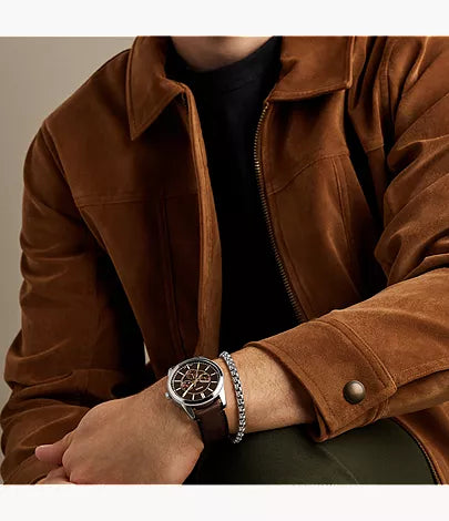 Multifunction Brown Leather Watch and Bracelet Gift Set