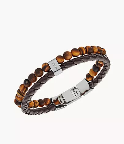 Beaded Tiger's Eye and Brown Leather Bracelet