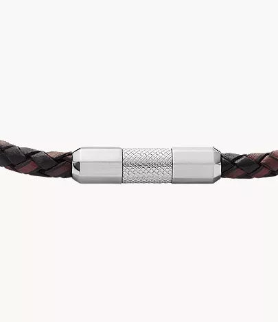 Machine Knurled Texture Leather and Stainless Steel Station Bracelet