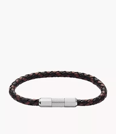 Machine Knurled Texture Leather and Stainless Steel Station Bracelet