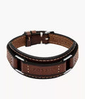 Machine Rugged Stainless Steel and Brown Padded Leather Strap Bracelet