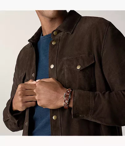Machine Rugged Stainless Steel and Brown Leather Strap Bracelet