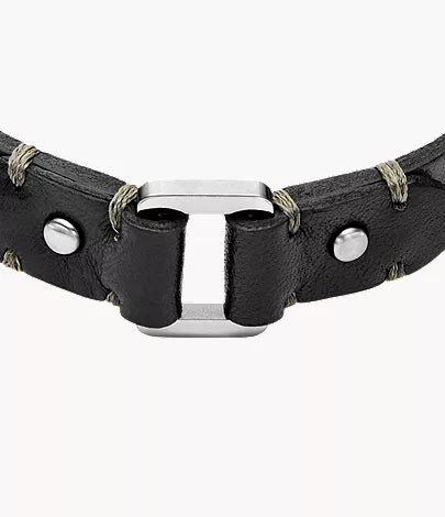 Machine Rugged Stainless Steel and Black Leather Strap Bracelet
