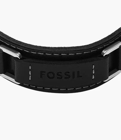 Machine Rugged Stainless Steel and Black Padded Leather Strap Bracelet