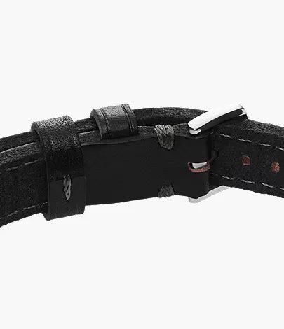 Machine Rugged Stainless Steel and Black Padded Leather Strap Bracelet