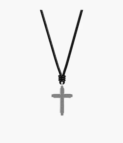 Machine Black Leather Cross Pendant Necklace