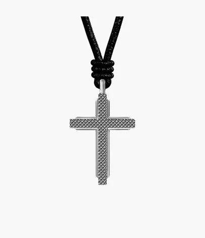 Machine Black Leather Cross Pendant Necklace