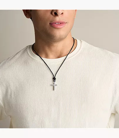 Machine Black Leather Cross Pendant Necklace