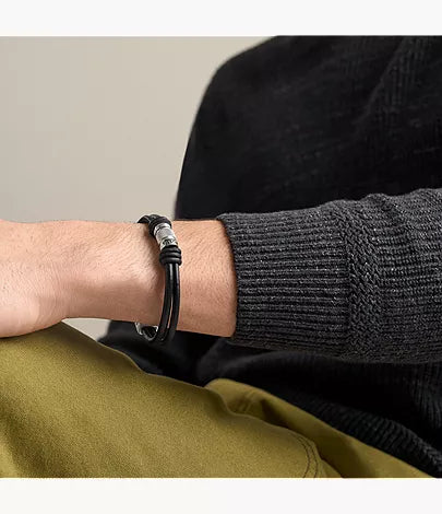 Machine Rondelles Black Leather Multi-Strand Bracelet