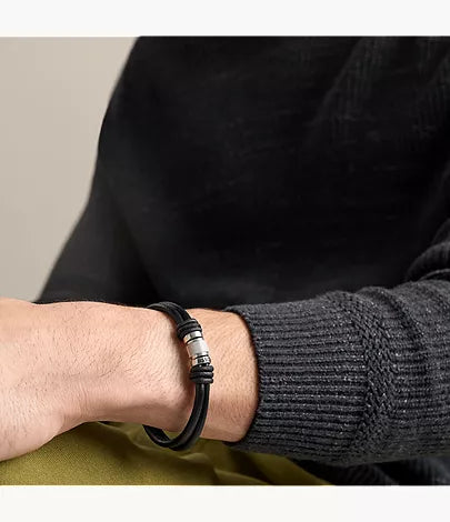 Machine Rondelles Black Leather Multi-Strand Bracelet