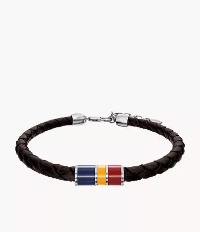 Everett Enamel Brown Leather Station Bracelet